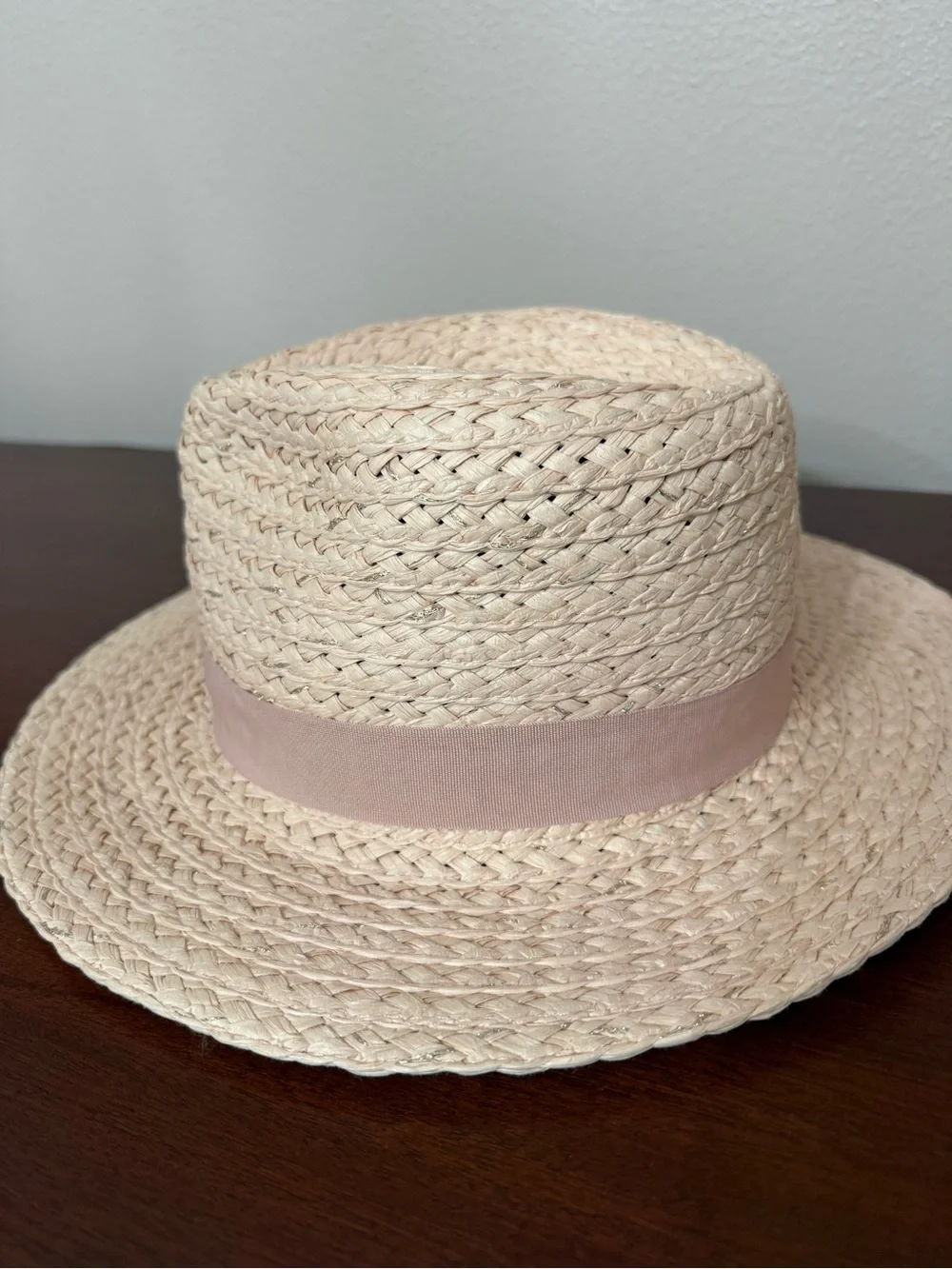 Light Pink and Metallic Straw Panama Hat with Pink Band and Gold V Accent